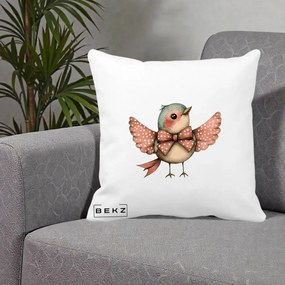 Perna Decorativa Pasare Roz cu Aripi si Fundita, 40x40 cm, Alba Mata, Husa Detasabila, Perna Inclusa, BEKZ®
