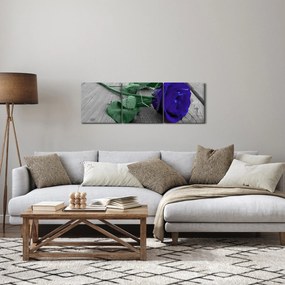 Tablou - Trandafir albastru cu tulpina verde (cu ceas) (90x30 cm)