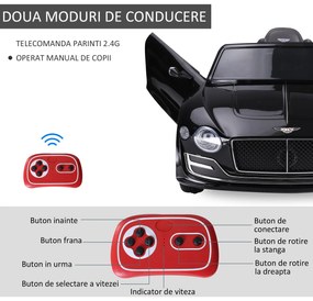 HOMCOM Mașină Electrică pentru Copii cu 2 Portiere, Bentley, Conducere manuală sau cu Telecomandă 108x60x43 cm, Negru