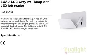 Aplica de perete / Lampa cu reader LED SUAU USB gri dormitor stanga 62125