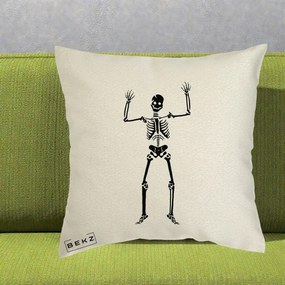 Perna Decorativa Halloween Schelet Dansator, 40x40 cm, Ecru, Husa Detasabila, Perna Inclusa, BEKZ®