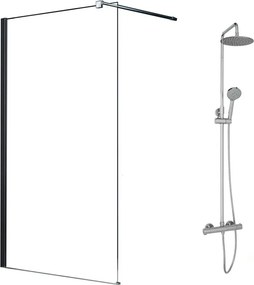 Pachet paravan dus Walk-In Fluminia Black crom 100x200 cm si coloana de dus OMNIRES Y crom