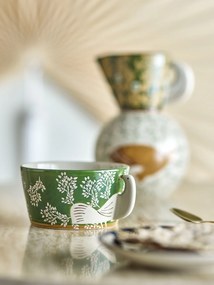 Bol din ceramică verde cu model de frunze și pasăre pictate manual, 13×7 cm, „Hezha"