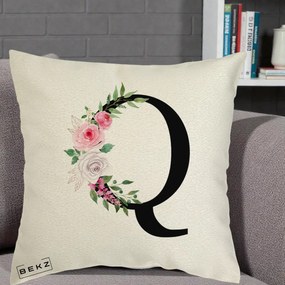 Cadou Personalizat - Perna Personalizata Monograma Florala Litera Q, 40x40 cm, Ecru, Husa Detasabila, Perna Inclusa, BEKZ®