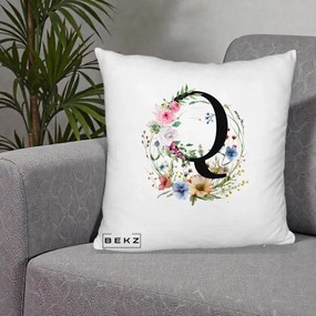 Cadou Personalizat - Perna Personalizata Monogram Litera Q cu Flori Acuarela, 40x40 cm, Alb Pufos, Husa Detasabila, Perna Inclusa, BEKZ®