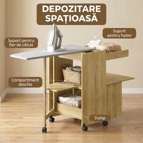 HOMCOM Dulap Masă de Călcat Rabatabilă cu Roți și Suport pentru Fier de Călcat, Dulap Multifuncțional cu Rafturi, Compartiment Deschis, pentru Spălătorie, Baie, 154x55x87 cm, Lemn Natural | Aosom Romania