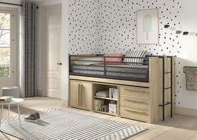 Set SAM în finisaj de stejar este format dintr-un Pat copii (90 x 200 cm), o bibliotecă, o comodă cu 2 uși și o comodă cu 3 sertare.