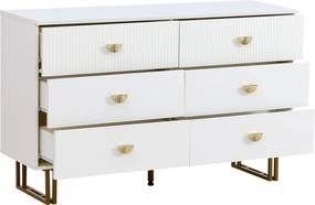 Comodă modernă cu 6 sertare, mânere tip evantai și picioare din oțel, mult spațiu de depozitare, 120x40x75 cm, Alb