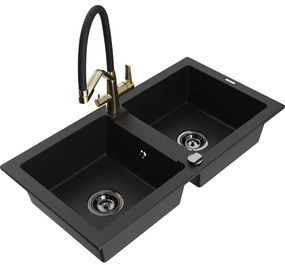 Chiuvetă din granit Mexen Mario cu 2 compartimente și cu baterie de bucătărie Duo, negru - 6504-77-671701-57-B
