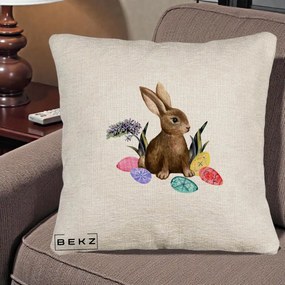 Perna Decorativa Iepuras cu Oua de Pasti Acuarela, 40x40 cm, Bej Canapea, Husa Detasabila, Perna Inclusa, BEKZ®