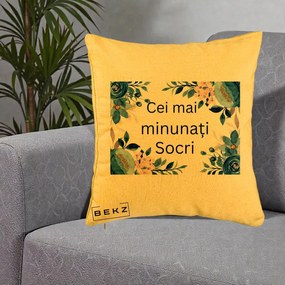 Cadou pentru Socri - Perna Personalizata Cei mai Minunati Socri cu Flori Albastre si Roz, 40x40 cm, Galben, Husa Detasabila, Perna Inclusa, BEKZ®