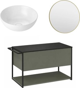 Set dulap baza suspendat Krofam Lov verde-negru 80 cm blat negru cu lavoar 39 cm si oglinda
