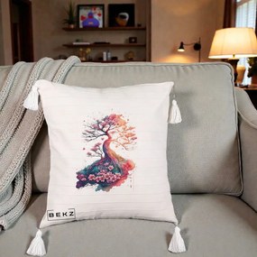 Perna Decorativa Copac Sakura Acuarela Fantasy, 40x40 cm, Bej cu Franjuri, Husa Detasabila, Perna Inclusa, BEKZ®