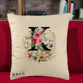 Cadou Personalizat - Perna Personalizata Monogram Litera K cu Flori Acuarela, 40x40 cm, Bej, Husa Detasabila, Perna Inclusa, BEKZ®