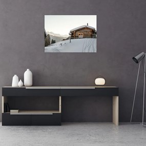 Tablou pe sticlă - cabana montană în zăpadă (70x50 cm)