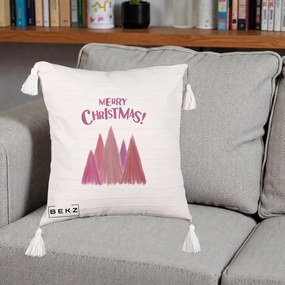 Perna Decorativa Merry Christmas Brazi Roz, 40x40 cm, Bej cu Franjuri, Husa Detasabila, Perna Inclusa, BEKZ®