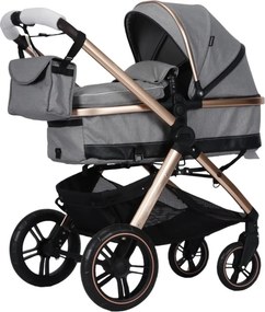 Carucior nou nascuti 2 in 1 NOVOKIDS™ X2000 series, Cu geanta bebe, Cadru Aluminiu Gold, Amortizoare, Roti din cauciuc plin AVE, Landou, Spatar
