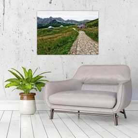 Tablou pe sticlă - Peisaj montan cu case (70x50 cm)