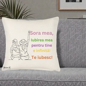 Cadou pentru Sora - Perna Personalizata Sora Mea Te Iubesc Doua Fete cu Palarie si Umbrela, 40x40 cm, Crem Reliefat, Husa Detasabila, Perna Inclusa, BEKZ®