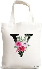 Sacosa de Panza pentru Cumparaturi, Geanta Tote, Cu litera V si Trandafiri, 38x34.5 cm, Alba, BEKZ®