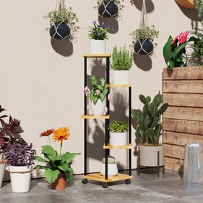 Outsunny Suport pentru Plante cu 5 Niveluri pentru Interior și Exterior, Etajeră cu 4 Roți din Oțel și Lemn, Lemn Natural | Aosom Romania