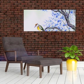 Tablou - Pasăre pe un copac cu flori albastre (120x50 cm)