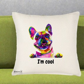 Perna Personalizata Bulldog Francez I'm Cool, 40x40 cm, Crem Reliefat, Husa Detasabila, Perna Inclusa, BEKZ®