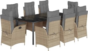 vidaXL Set de masă pentru grădină, 9 piese, cu perne, bej, poliratan
