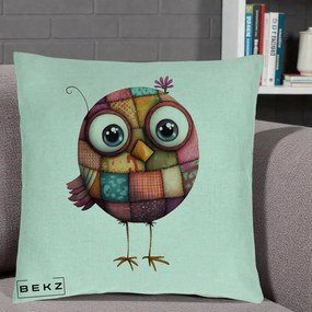 Perna Decorativa Pasare Patchwork Roz cu Floare, 40x40 cm, Verde Menta, Husa Detasabila, Perna Inclusa, BEKZ®