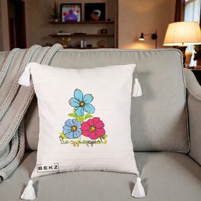 Perna Decorativa Trei Flori Grafice Pop Art, 40x40 cm, Bej cu Franjuri, Husa Detasabila, Perna Inclusa, BEKZ®