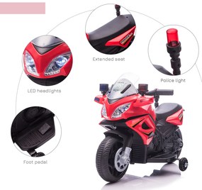 HOMCOM Motocicleta electrica pentru copii, cu sirena de politie si faruri, Viteza 3km/h si Baterie 6V Reincarcabila, 69x39x43cm, Rosu