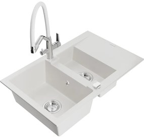 Mexen Gaspar Chiuvetă de granit de 1,5 compartiment cu picurător și baterie de bucătărie Duo, Albă - 6507-20-671701-02
