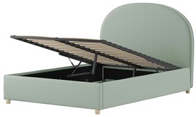 Set MOON: pat tapițat 90 x 200 cm verde cu țesătură bouclé și spațiu de depozitare + taburet verde multifuncțional – Vipack