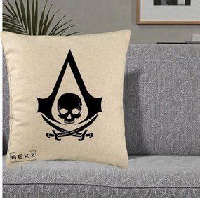 Perna Personalizata Assassin's Creed Black Flag Skull, 40x40 cm, Bej, Husa Detasabila, Perna Inclusa, BEKZ®