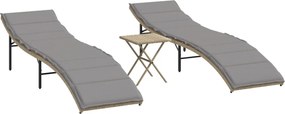 vidaXL Șezlonguri de plajă cu masă, 2 buc., bej, poliratan