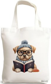 Sacosa de Panza pentru Cumparaturi, Geanta Tote, model Reading puppy 2 38 x 34.5 cm, Alba, BEKZ®