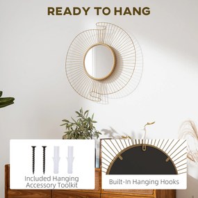 HOMCOM Oglindă Decorativă de Perete Rotundă, Design Modern cu Benzi Metalice și Ramă Plisată, Pentru Sufragerie, Dormitor și Hol, 60x60 cm, Auriu | Aosom Romania