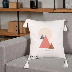 Perna Decorativa Geometric Munti si Soare, 40x40 cm, Bej cu Franjuri, Husa Detasabila, Perna Inclusa, BEKZ®