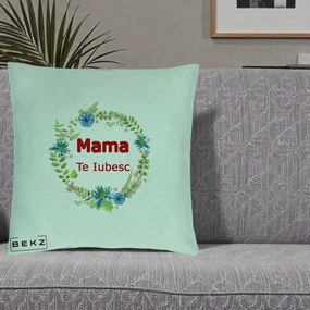 Cadou pentru Mama - Perna Personalizata Mama Te Iubesc Flori Albastre, 40x40 cm, Verde Menta, Husa Detasabila, Perna Inclusa, BEKZ®