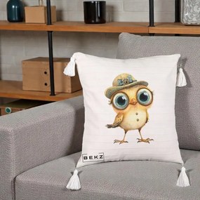 Perna Decorativa Pui Elegant cu Palarie Teal, 40x40 cm, Bej cu Franjuri, Husa Detasabila, Perna Inclusa, BEKZ®