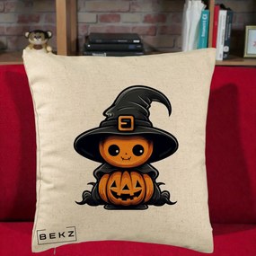Perna Decorativa Halloween Dovleac Vrajitor Kawaii, 40x40 cm, Bej, Husa Detasabila, Perna Inclusa, BEKZ®