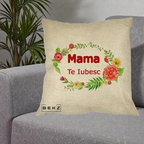Cadou pentru Mama - Perna Personalizata Mama Te Iubesc Flori Rosii, 40x40 cm, Crem, Husa Detasabila, Perna Inclusa, BEKZ®