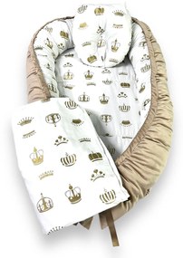 Set Cuib baby nest bebelusi cu desfacere din catifea și bumbac Deseda Coronițe aurii + paturica + pernuta slim