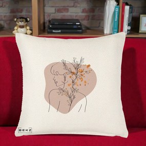 Perna Decorativa Femeie cu Flori Line Art Boho, 40x40 cm, Crem Reliefat, Husa Detasabila, Perna Inclusa, BEKZ®