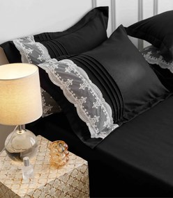 Lenjerie pat dublu, Inimi Brodate, 6 Piese, Finet Premium - Negru