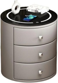 Noptieră inteligentă multifuncțională rotundă, 3 sertare, iluminare LED-uri Touch, încărcare fără fir, încărcare USB, difuzor Bluetooth, sticlă securizată, Gri