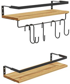 HOMCOM Set de 2 rafturi murale cu 6 cârlige detașabile și trăgaci, stil industrial pentru bucătărie, baie, lemn oțel | Aosom Romania