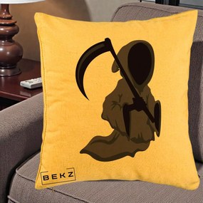 Perna Decorativa Moartea cu Coasa Grim Reaper Halloween, 40x40 cm, Galben, Husa Detasabila, Perna Inclusa, BEKZ®
