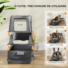 PawHut Litieră Închisă de 80L pentru Pisici cu Tavă Detașabilă, în ABS și Oțel Inoxidabil, 63x43x43 cm, Gri Închis | Aosom Romania