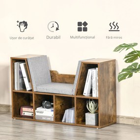 HOMCOM Bibliotecă-bancă 2 în 1 cu perne de șezut, etajeră cub cu 6 compartimente deschise, 102 x 30 x 61 cm, maro rustic | Aosom Romania